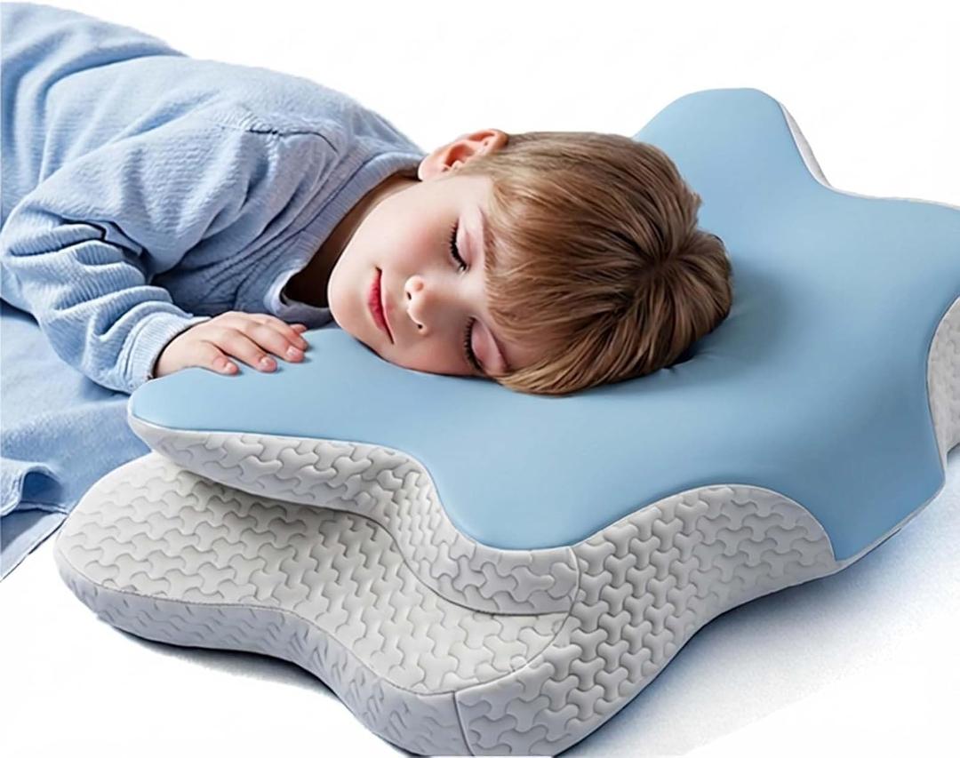 Memory Foam Kids Pillow, Kids Pillows for Sleeping, Ergonomic Contour Pillow and Pillowcase 20x12 in (Blue Small)