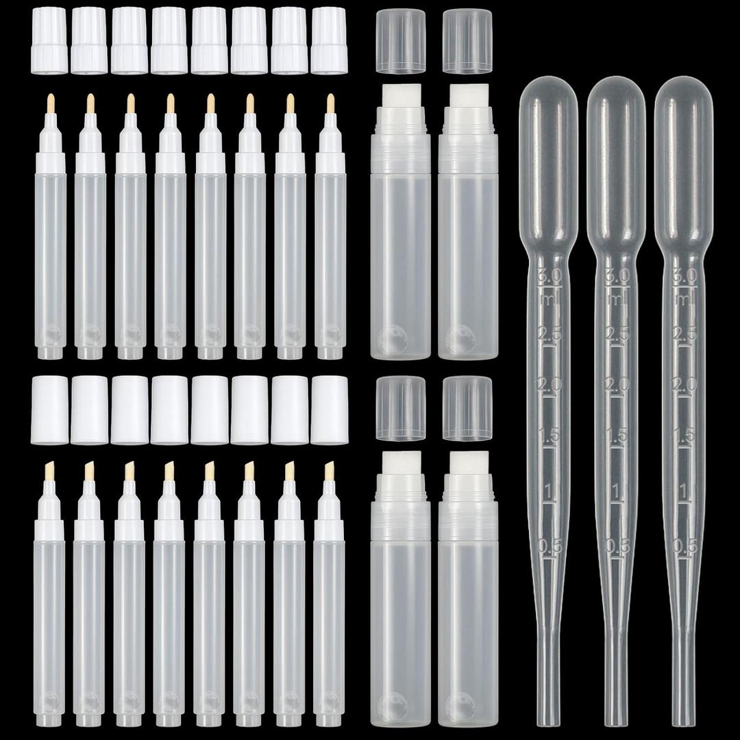 20 Pcs Empty Fillable Pen 3 mm 6 mm 15 mm, Refillable Acrylic Paint Markers, Blank Graffiti White Fillable Paint Pen with 3 Pcs 3 ml Dropper, Round Tilted Flat Head Pens for Oil Water Ink Art Kit