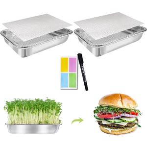 Stainless Steel Sprouts Growing Kit 2-Tier 10.4 inch Trays, Microgreens Growing Kit, Seed Sprouting Tray with Encrypted Mesh Sprouts for Beans Alfalfa Broccoli Wheat Grass