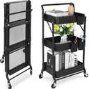Foldable 3 Tier Metal Utility Rolling Cart, Folding Mobile Multi-Function Storage Trolley Organizer Cart for Home Library Office(Black), Size 44×30×89 cm