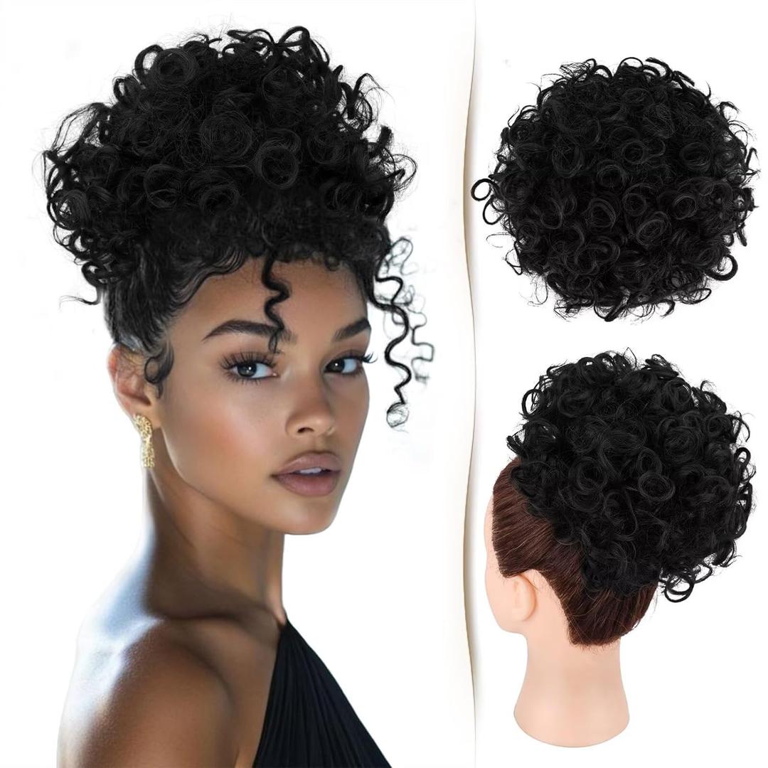 Messy Bun Hair Piece Curly Bun Hair Pieces for Women 9 inch Drawstring Ponytail Loose Wavy Hair Buns Hair Piece Short Ponytail Extension Fake Hair Bun for Black Women - Natural Black