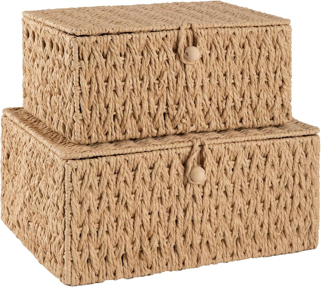 OIAHOMY Wicker Storage Basket with Lid & Lock, Lidded Storage Bins, Decorative Baskets for Organizing, Set of 2-Natural