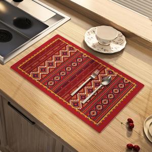 Dish Drying Mat Bohemian Absorbent Coffee Mat Rubber Backed Moroccan Soft Silicone Kitchen Dish Draining Mat for Kitchen Bathroom Coffee Bar (Boho Red, 12 x 16 Inches)