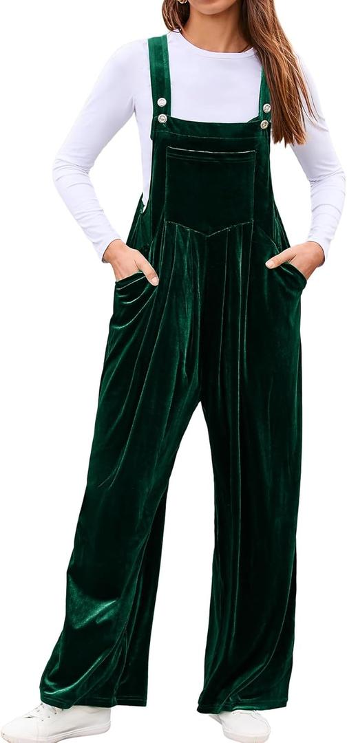 BerryGo Casual Velvet Sleeveless Loose Jumpsuits Dressy One Piece Wide Leg Overalls Long Pant Rompers For Women (Small, Dark Green)