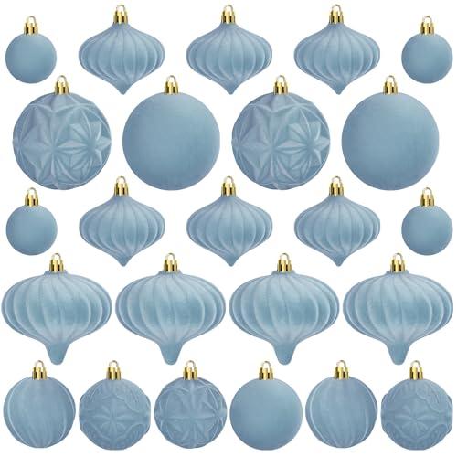 Lavwix 46 Pcs Christmas Flocked Ornaments for Tree Decorations - Velvet Ball Shatterproof Assorted Hangings for Xmas Winter Home Indoor Outdoor Decor Bulk (Dusty Blue)