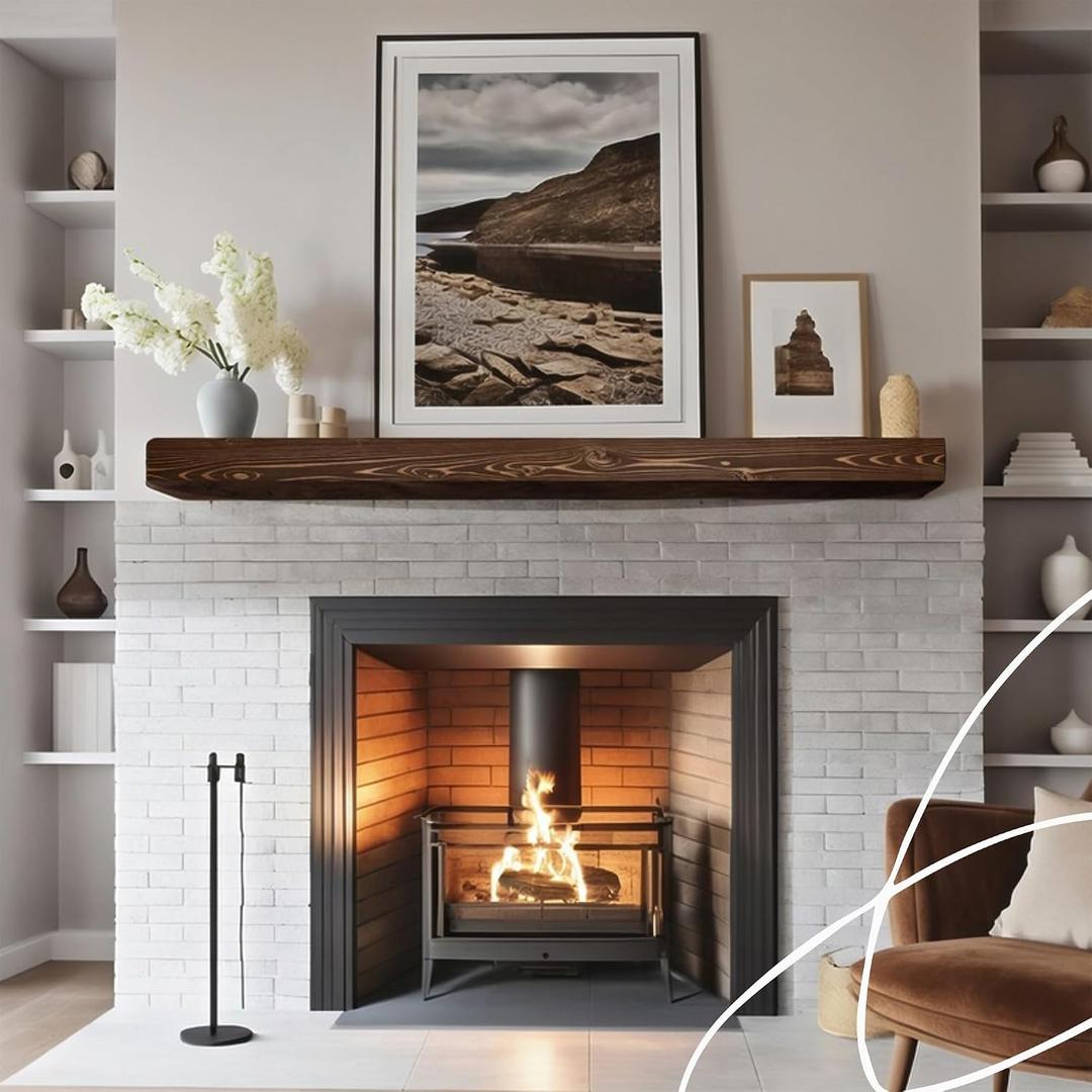 BoscoMondo Solid Wood Fireplace Mantel Shelf, Floating Mantle for Living Room, Farmhouse Rustic Wood Mantel, Easy Wall Mount with Heavy-Duty Metal Bracket (48", Rustic Brown)