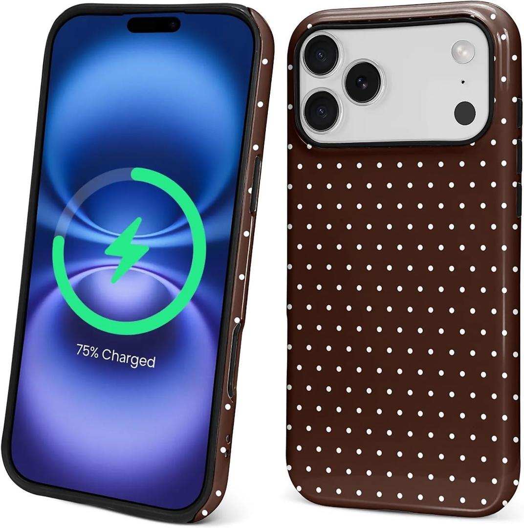 Magnetic Case for iPhone 17 Pro Max Design,Compatible with MagSafe,Slim Protective Soft TPU Bumper Phone Cover Women Girls Case for iPhone 17 Pro Max-Polka Dot Aesthetics Brown