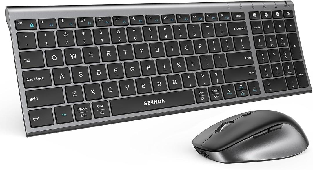 seenda Wireless Bluetooth Keyboard Mouse Combo, COE401 Rechargeable Silent Keyboard Mouse Compact Slim, 3 Multi-Device Connection, Compatible for Windows/Mac PC Laptop MacBook iPad, Black Gray