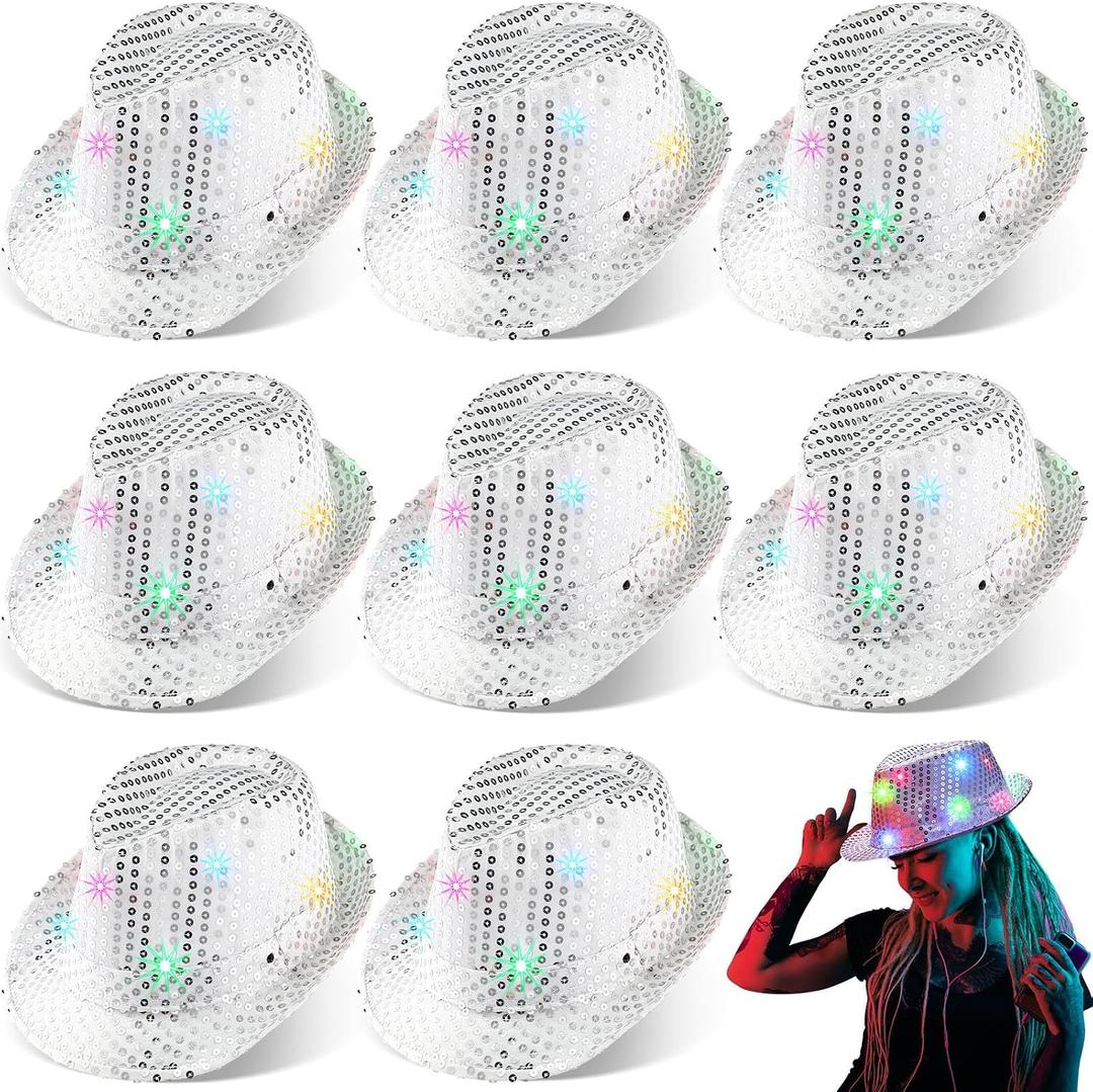 Coume 8 Pcs Light up Hats Bulk LED Cowboy Cowgirl Sequin Hats Rave Costume for Wedding Disco Glow in The Dark Party