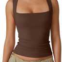 QINSEN Women's Square Neck Sleeveless Double-Layer Tank Tops Basic Tight T Shirts M