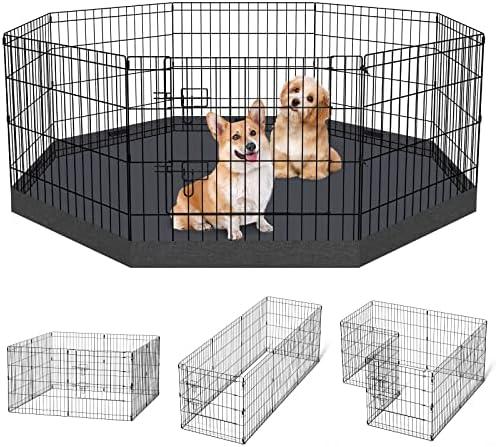 Dog Pen Pet Playpen Dog Fence Indoor Foldable Metal Wire Exercise Puppy Play Yard Pet Enclosure Indoor Outdoor 8 Panels 24 Inch with Bottom Pad/Top Cover (Black with Bottom pad)