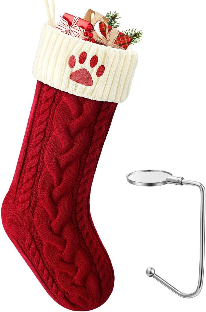 LHMTQVK Large Cat Dog Christmas Stocking, Embroidered Knit Christmas Stocking with Hook, Pet Christmas Stockings, Xmas Stockings for Dogs (Paw)