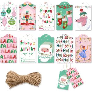 Lincia 120 Pcs Pink Christmas Tag Winter Paper Gift Tags Christmas Hanging Tags Labels with String for Holiday Party Wrapping Xmas Decor, 10 Styles(Cute Style)