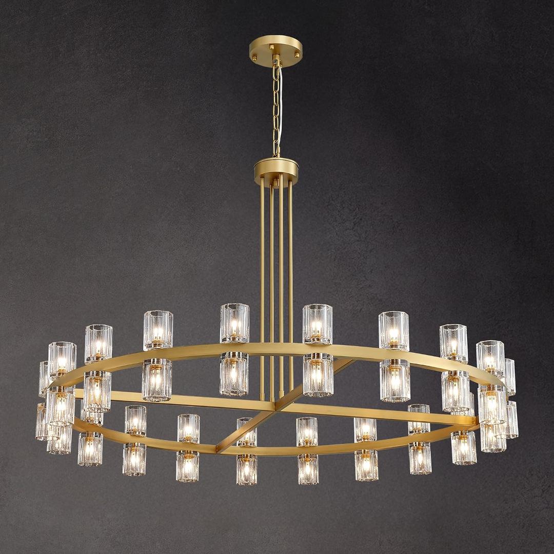 48" Gold Wagon Wheel Crystal Chandelier, Modern Round Chandelier for Dining Room Table, K9 Crystal Ceiling Chandelier for Living Room Entryway Foyer, Includes 40 G4 Bulbs