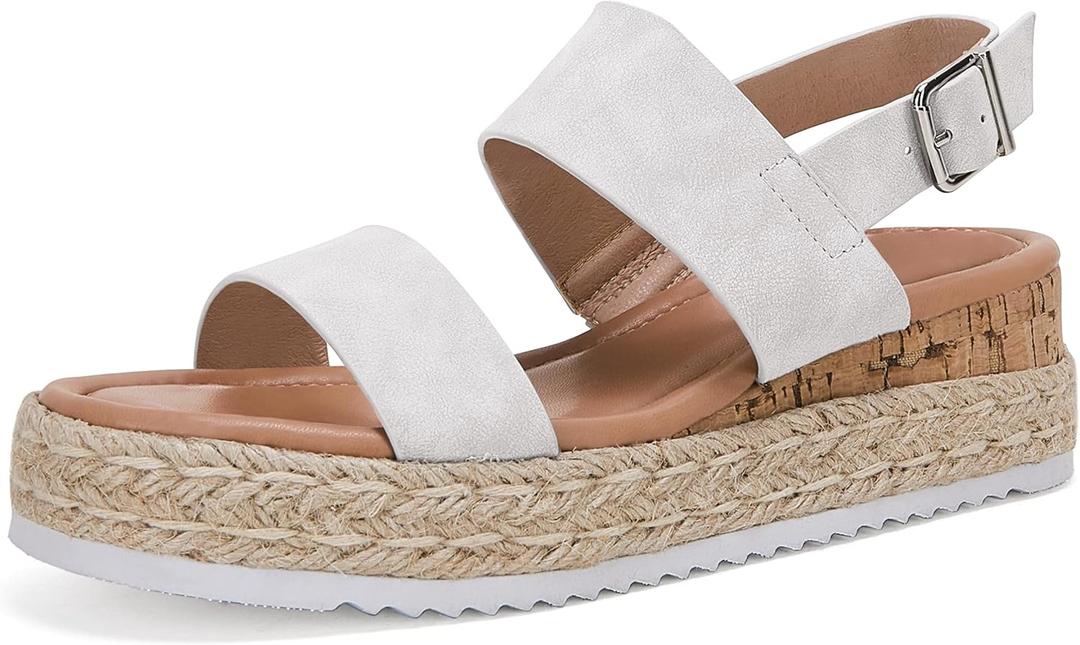 LAICIGO Women’s Open Toe Wedge Platform Espadrilles Ankle Strap Buckle Faux Leather Cork Rubber Summer Sandals,7,White