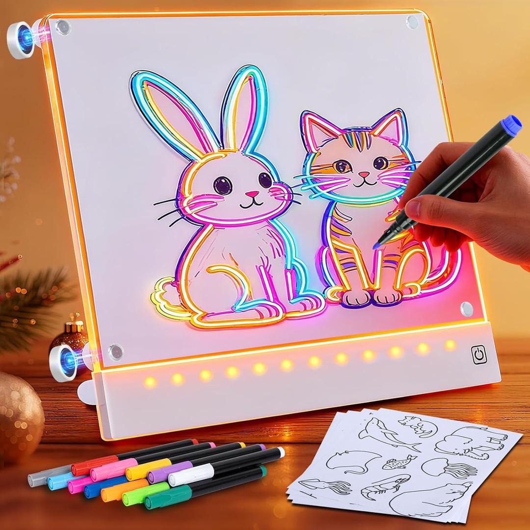 Rechargeable LED Drawing Board for Kids with Tracing Pages, Lumi Board Magnetic Light Up Acrylic Dry Erase Board, LED Note Board with 4 Magnets, Valentines Day Gifts Toy for Kids/Girls (1 Pack)