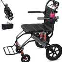 Transport Wheelchair Lightweight Foldable with Shock Absorber Spring, Carbon Fiber Wrap Travel Wheelchairs for Adults Seniors, Padded Transport Chair with Telescopic Handle Support 220lbs