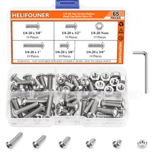 65 Pieces 5 Sizes 304 Stainless Steel 1/4-20 x 3/8" 1/2" 5/8" 3/4" 1" UNC Thread Button Head Socket Cap Screws Bolts Kit