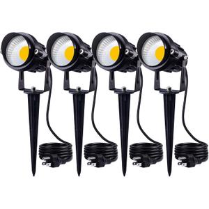 SUNVIE 120V Spot Lights Outdoor LED Landscape Lighting 12W AC Spotlights for Yard Waterproof Landscape Spotlight with Spiked Stake for Tree Garden Pathway Warm White Flag Lights US 3-Plug in, 4 Pack