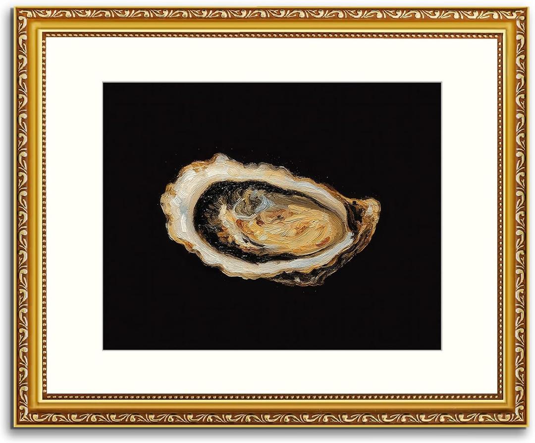 Atterrirart Gold Framed Oyster Wall Art, 13 * 16inch, Vintage Kitchen Canvas Prints Aesthetic, Coastal Minimalist Wall Decor Artwork, Beachy Seashell Wall Art for Living Room, Dining Room, Ready To Hang