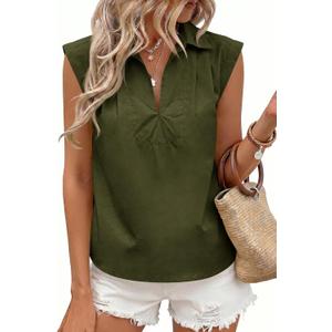 Tankaneo Womens Summer V Neck Tank Tops Collared Sleeveless Shirts Trendy Casual Loose Fit Blouse (Green, S)