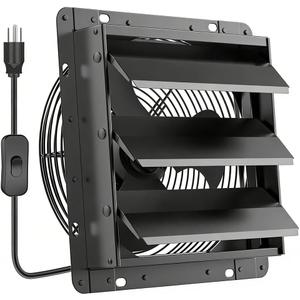 HG Power 10 Inch Shutter Exhaust Fan, 647CFM Quiet Garage Exhaust Fan with 8 Foot Long ON/OFF Switch Cable for Chicken Coop, Shed, Basement, Gable, Kitchen, Attic Ventilation Use, Black