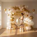 2 x 75 Pcs White and Gold Balloons Garland Kit with 3pcs Foil Balloons, Metallic Gold White, 18 12 10 5 Inch Different Size Balloons for Anniversary Birthday Engagements Party Decorations