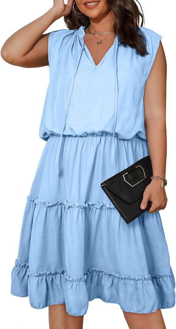 Eytino Womens Plus Size Dress V Neck Sleeveless Drawstring Ruffle Chiffon Mini Short Dresses,5X Sky Blue