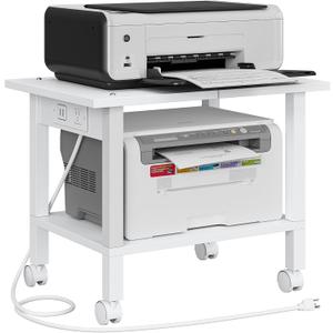 TUTOTAK 2 Tier Printer Stand, Rolling Printer Cart with Power Outlets and USB Ports, Mobile Printer Table with Wheels, for Under Desk, Office, Home, White PS01BW001P