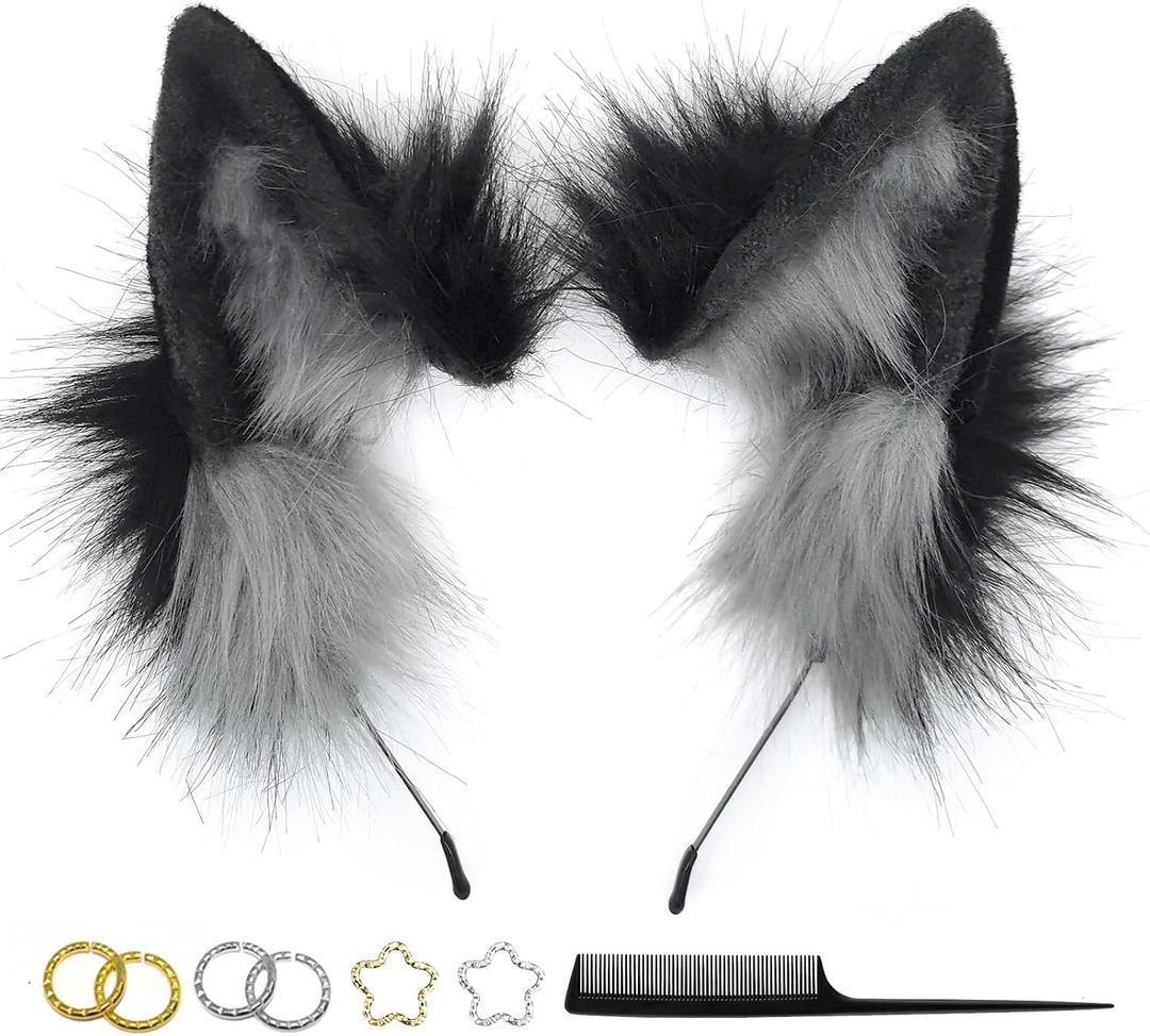 Cat Wolf Fox Dog Ears Headband Handmade Faux fur Cosplay Halloween Costume Party (Black+grey)