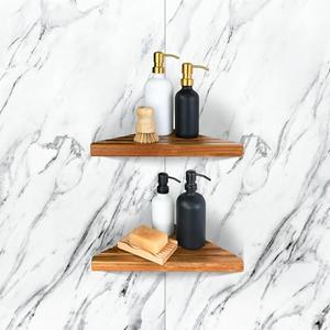 ENKEZI Acacia 2,3 Tiers Corner Shower Shelf, Triangular Corner Shelf Wooden Bathroom Shelf for Tiled Wall, Shower Corner Shelf, No Drilling Requied (2)