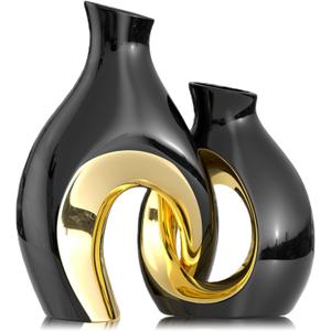 Hollow Ceramic Vase Set of 2,Nordic Modern Boho Decorative Ceramic Aesthetic Flower Vase for Home Decor,Minimalist Centerpiece Table Decorations,Wedding,Living Room,Bookshelf,Entryway (Black)