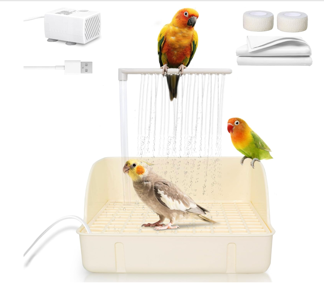 Jevnd Automatic Parakeet Bird Bath with Pump, Large Bird Shower Fountain Indoor Bathtub with Running Water, Parrot Bath Tub Faucet for Pet Birds, African Grey, Cockatiel, Conure, Budgie, Lovebird