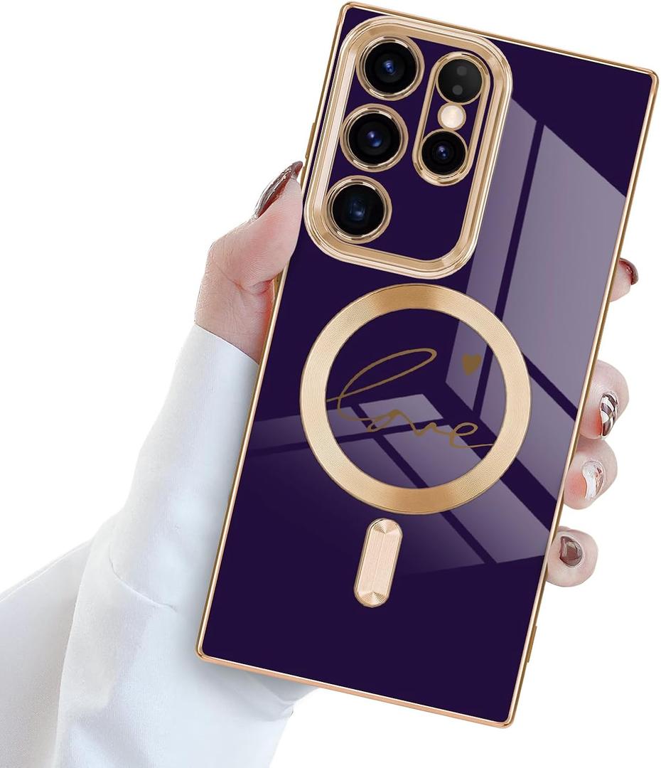 for Samsung Galaxy S23 Ultra 5G Magnetic Case, Cute Love Heart Luxury Plating Edge Case for Women Girls Soft TPU Shockproof Bumper Protection Cover for Samsung Galaxy S23 Ultra-Purple
