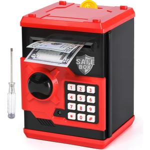 ATM Piggy Bank for Boys Girls, Vcertcpl Mini ATM Coin Bank Money Saving Box with Password, Kids Safe Money Jar for Adults with Auto Grab Bill Slot, Great Gift Toy Bank for Kids (Red+Black)