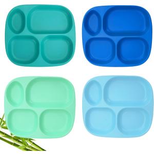 shopwithgreen Bamboo Divided Plates for Kids Adults - Dinnerware Set for Toddlers Kids Children Baby, Toddler Dinner Plates, BPA Free, Stackable, Dishwasher Safe, 9.4 inch, Set of 4 (Blue)