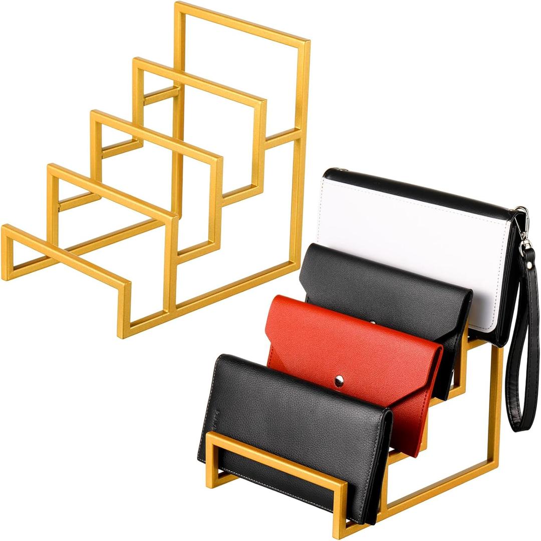 2 Pack Purse Organizer for Closet Display 4 Layer Gold Riser Stand Clutch Purse Organizer Display Metal Wallet Rack for Handbag Home Retail Boutique Store Supplies