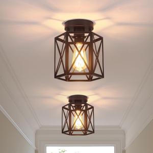 2 Pack Black Ceiling Light, Farmhouse Semi Flush Mount Ceiling Light, Small Hallway Light Fixtures Metal Cage Modern Light Fixture for Entryway Bedroom Porch Kitchen