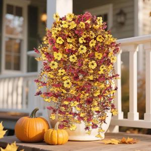 Fall Decor Artificial Flowers for Outdoor Decoration, 4Pcs Fake Hanging Flowers Mums Silk UV & Fading Resistant, Artificial Faux Plants for Home Patio Yard Garden Farmhouse Halloween
