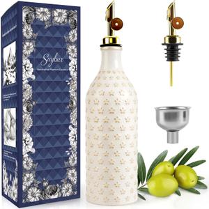 Ceramic Olive Oil Dispenser Bottle for Kitchen with Gravity Spout, 19 oz Opaque Relief Oil Cruet with Funnel, Oil Container for EVOO, Vinegar, and Soy Sauce (Petal Design)