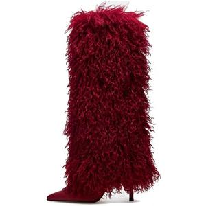 Fur Knee High Boots for Women Pointed Toe Stiletto Heel Fold Over Tall Boots Fashion Wide Calf Long Booties (7.5, Red)