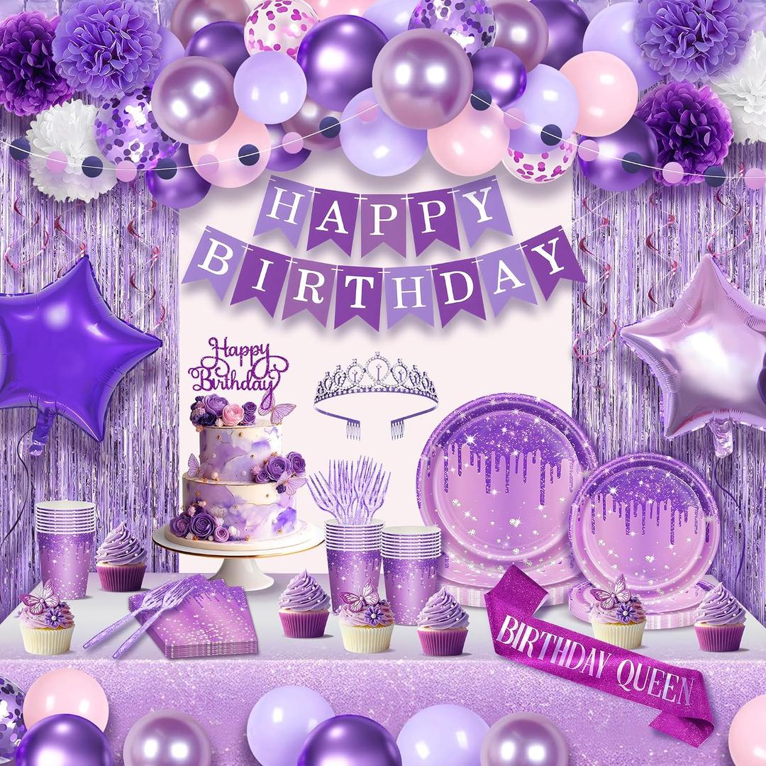 199 Pcs Purple Birthday Party Decorations For Women，Happy Birthday Party Decorations For Girls, 100 Pcs Paper Plates,Napkins and Forks for 20 Guests,Bday Sash and Crown,20 Tableware Sets