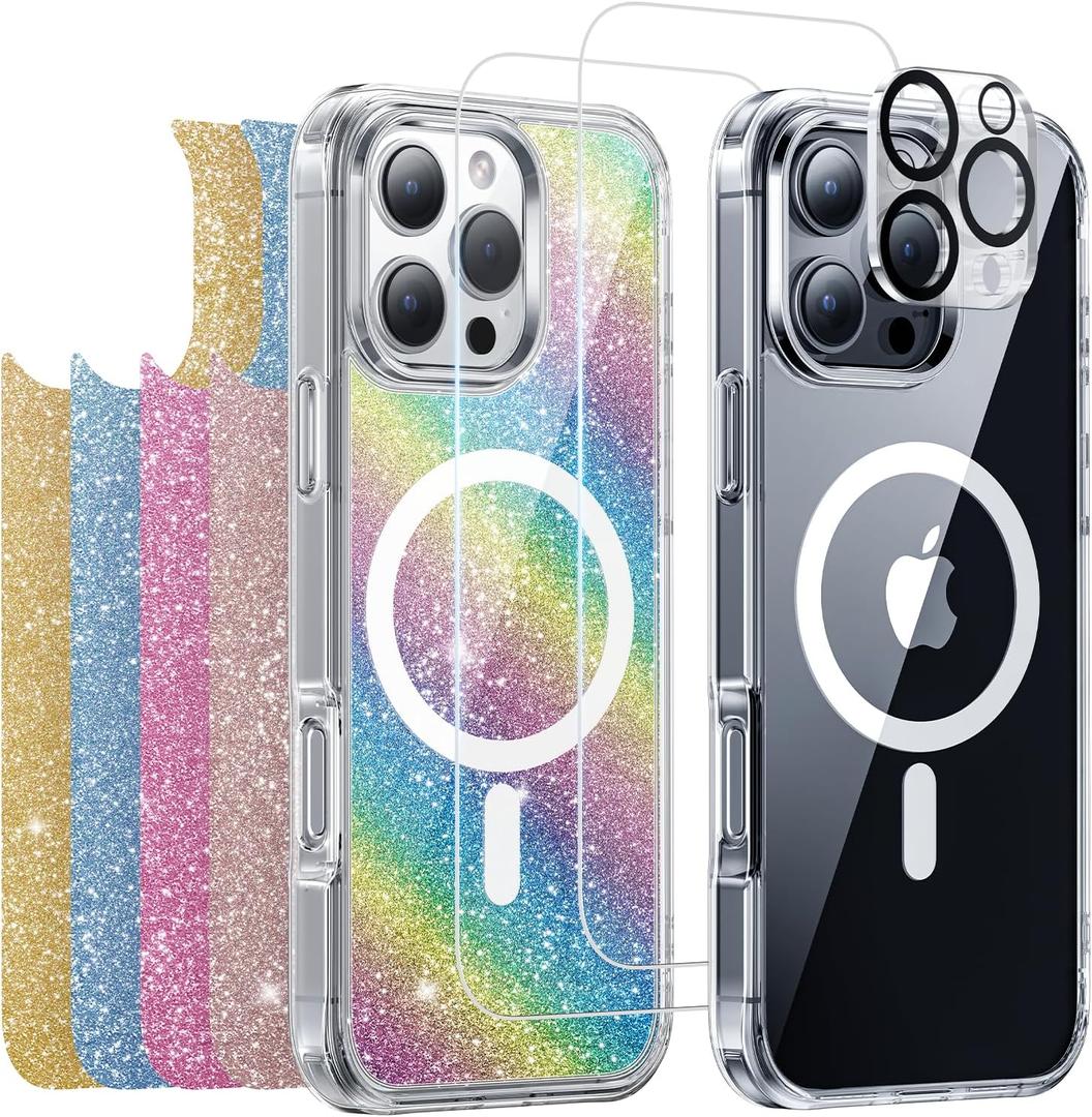 Meifigno Designed for iPhone 16 Pro Case, Compatible with MagSafe, with 5X Glitter Cards, 2X Screen Protectors, 1X Camera Lens Protector, Anti-Yellowing Magnetic Case Designed for 16 Pro 6.3, Clear