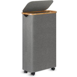 Slim Laundry Basket with Wheels,Narrow Hampers for Laundry, Laundry Hamper with Lid&Bamboo Handles,Dirty Clothes Hamper for for Bathroom Bedroom Dorm, 60L Grey