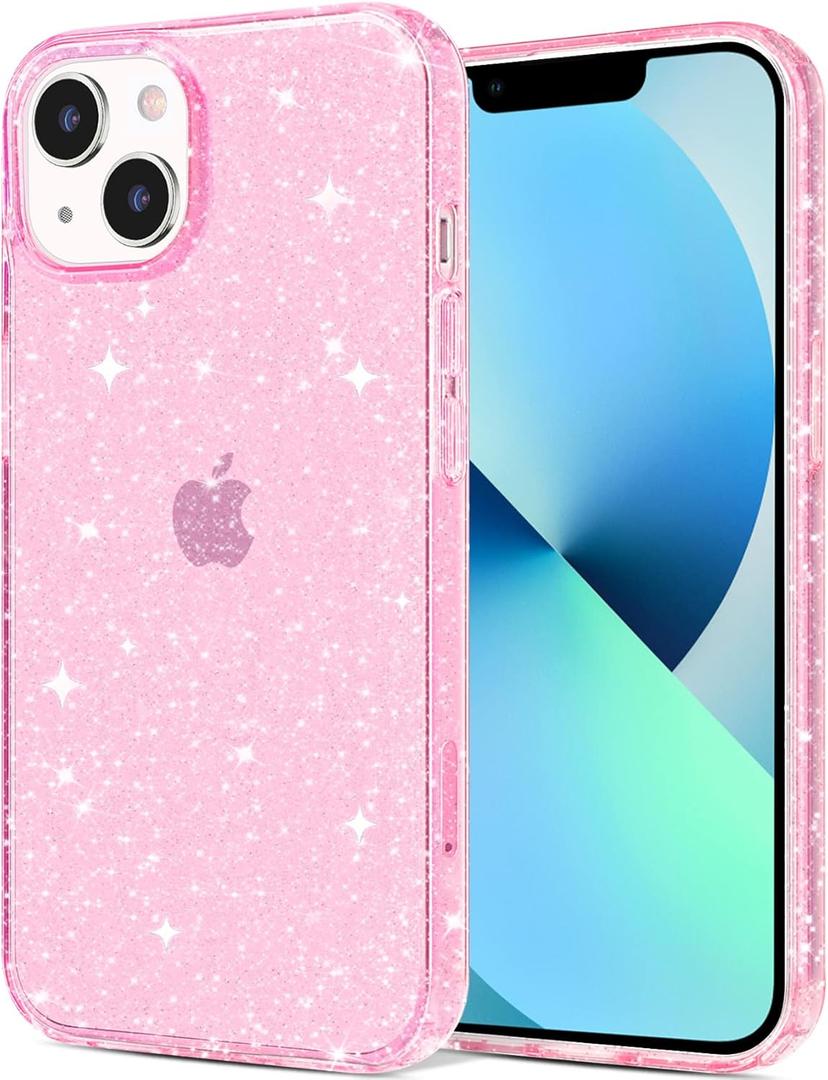 JJGoo Compatible with iPhone 13 Case, Glitter Soft TPU Shockproof Protective Bumper Cover, Sparkle Bling Sparkly Cute Slim Women Girls Phone Case for iPhone 13, 6.1inch, Pink Glitter