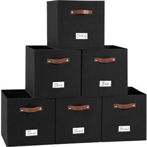 13 Inch Cube Storage Bin 6 Pack Collapsible Fabric Basket with Handles and Labels, Cube Storage Organizer for Closet, Bedroom, Living Room, Black