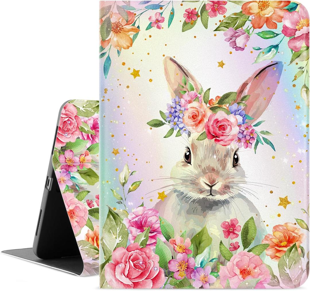 Lokigo Case for iPad Air 11 Inch M4/M3/M2 (2026/2025/2024), for iPad Air 5th Generation / 4th Gen (2022/2020) 10.9 Inch, Pencil Holder/Touch ID Function, Shockproof Smart Stand Cover, Rabbit Floral