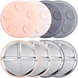 Honeydak 4 Pcs Stainless Steel Baby Plate with Silicone Suction, 9" Divided Toddler Plates with Removable Silicone Sleeves for Kids, Non-toxic Non-slip Unbreakable Dishwasher Safe Dinnerware (Pastel)