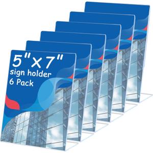 6 Pcs Acrylic Sign Holder 5 x 7 Inch, Plastic Picture Flyer Holder Vertical Slanted Back L Shape Display Stand Acrylic Picture Frame, Table Signs Holder for Business, Office, Restaurant