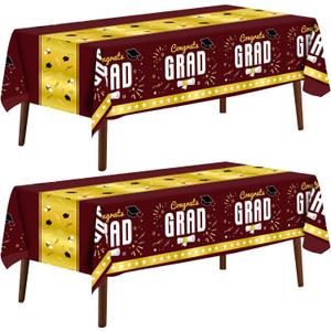 CXPSINC 2 Pack Graduation Tablecloth 54"x108" Disposable Plastic Tablecloths Gongrats Grad Tablecover for Graduation Party Supplies (Graduation Maroon & Gold)